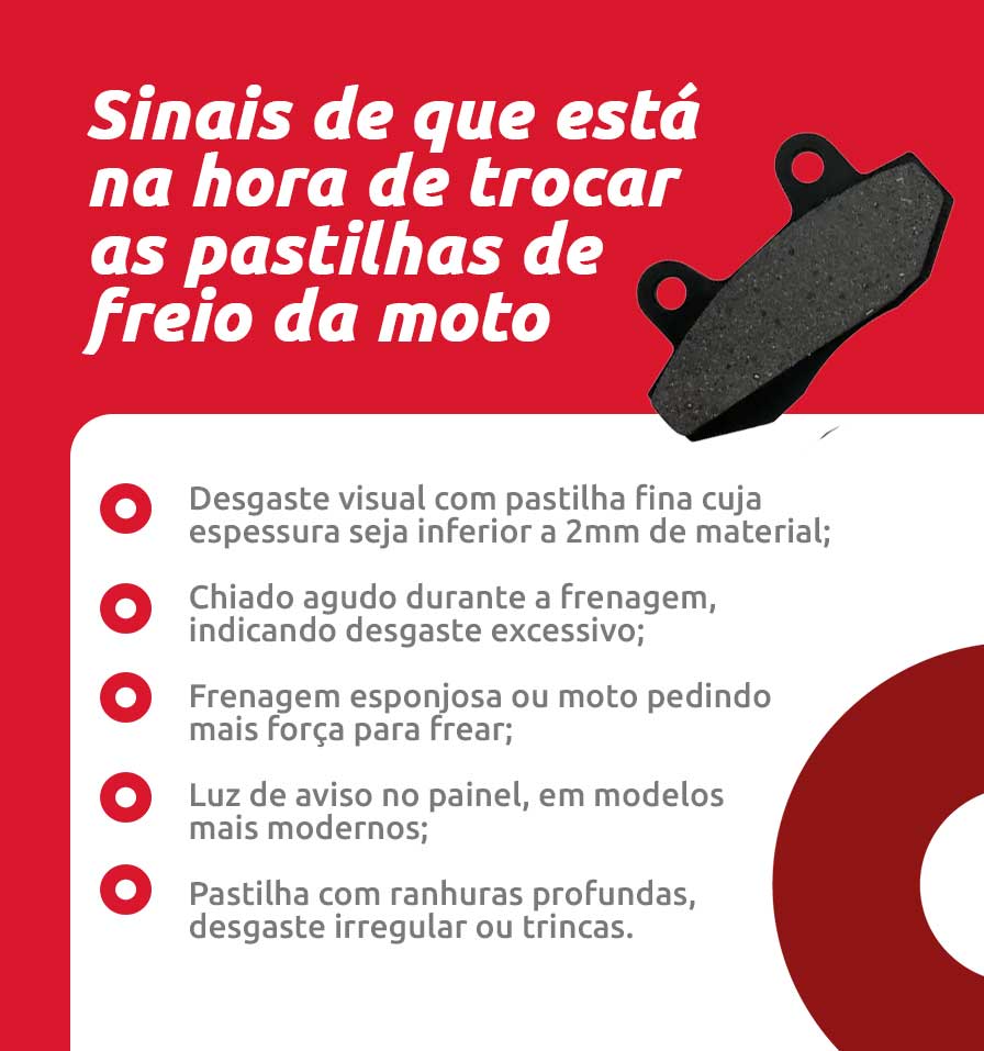 Infográfico sobre sinais de que está na hora de trocar as pastilhas de freio da moto | DOK